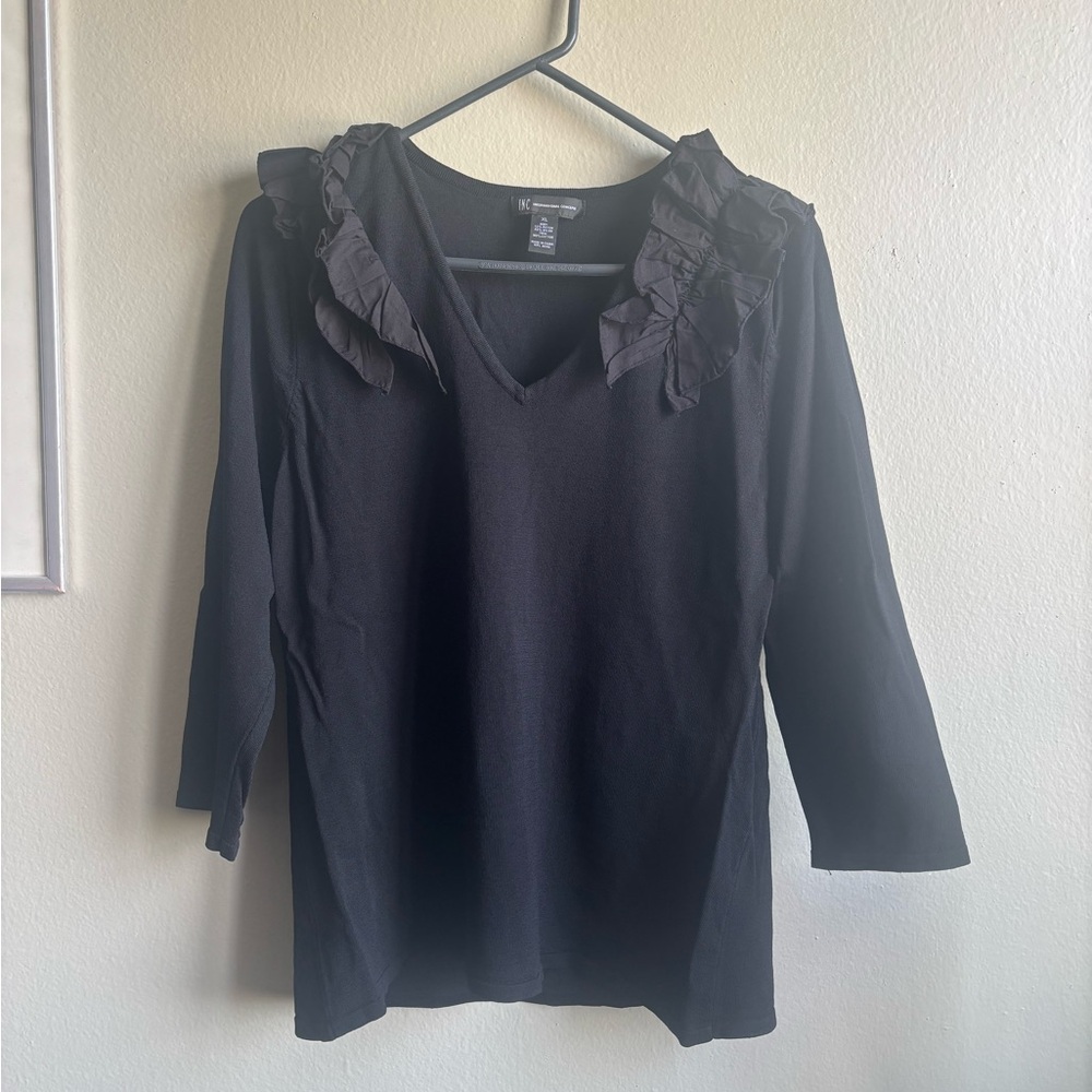 INC International Concepts Black Ruffle Blouse